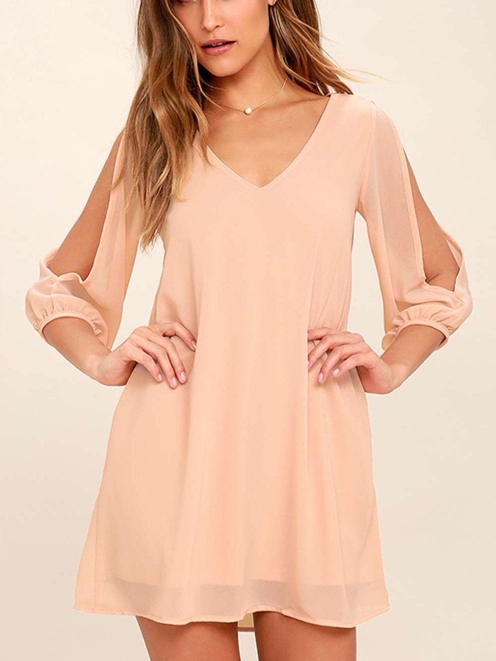NWT lulus V-Neck Peach Split-Sleeve Shift Dress Sz L